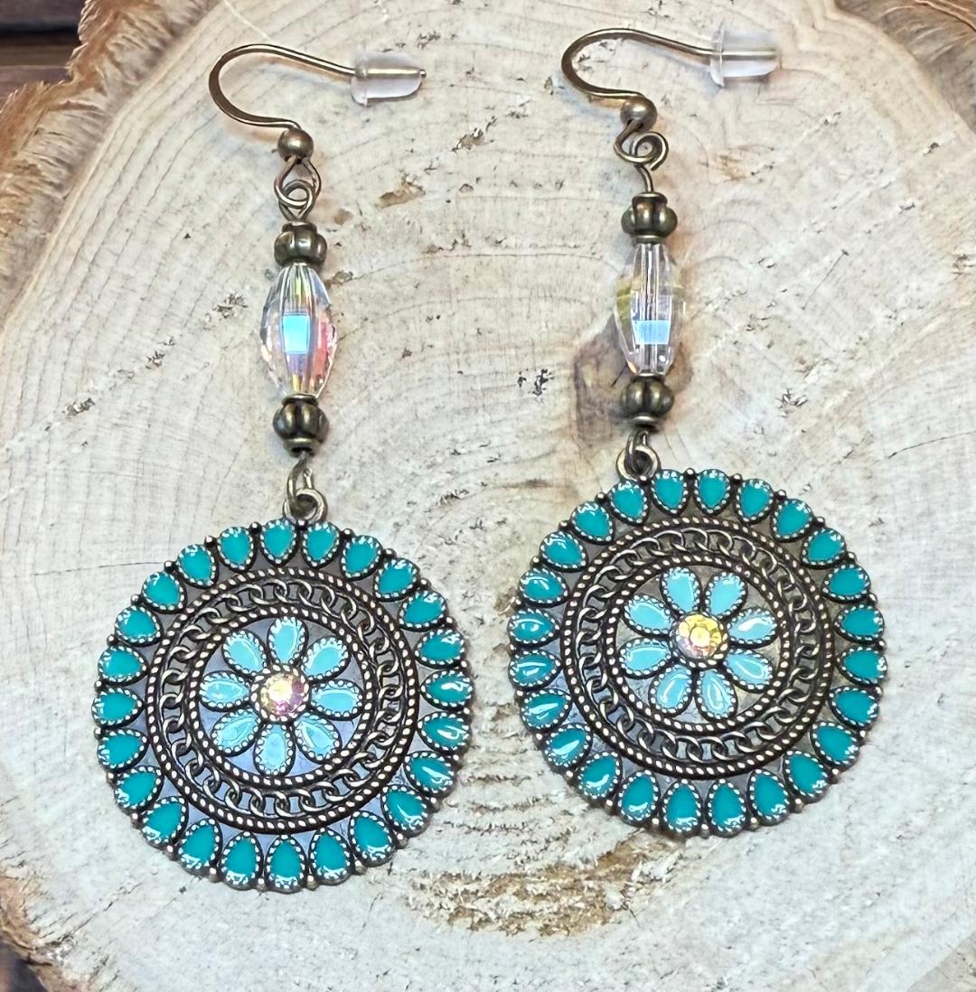 NEW Round Bronze Teal Green Enamel & Rhinestone Earrings