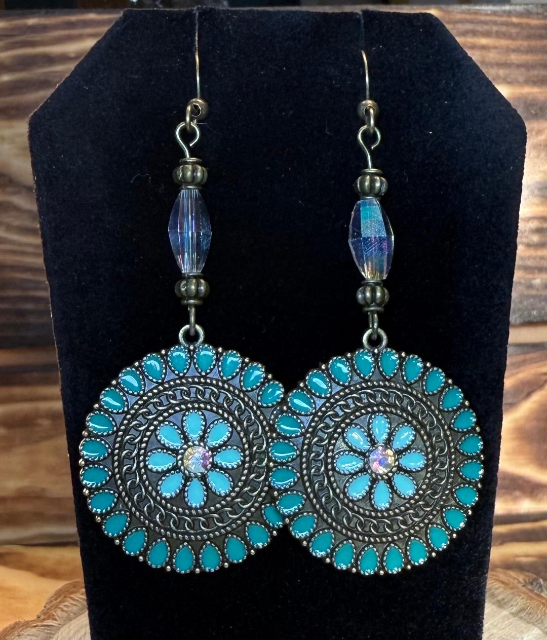 NEW Round Bronze Teal Green Enamel & Rhinestone Earrings