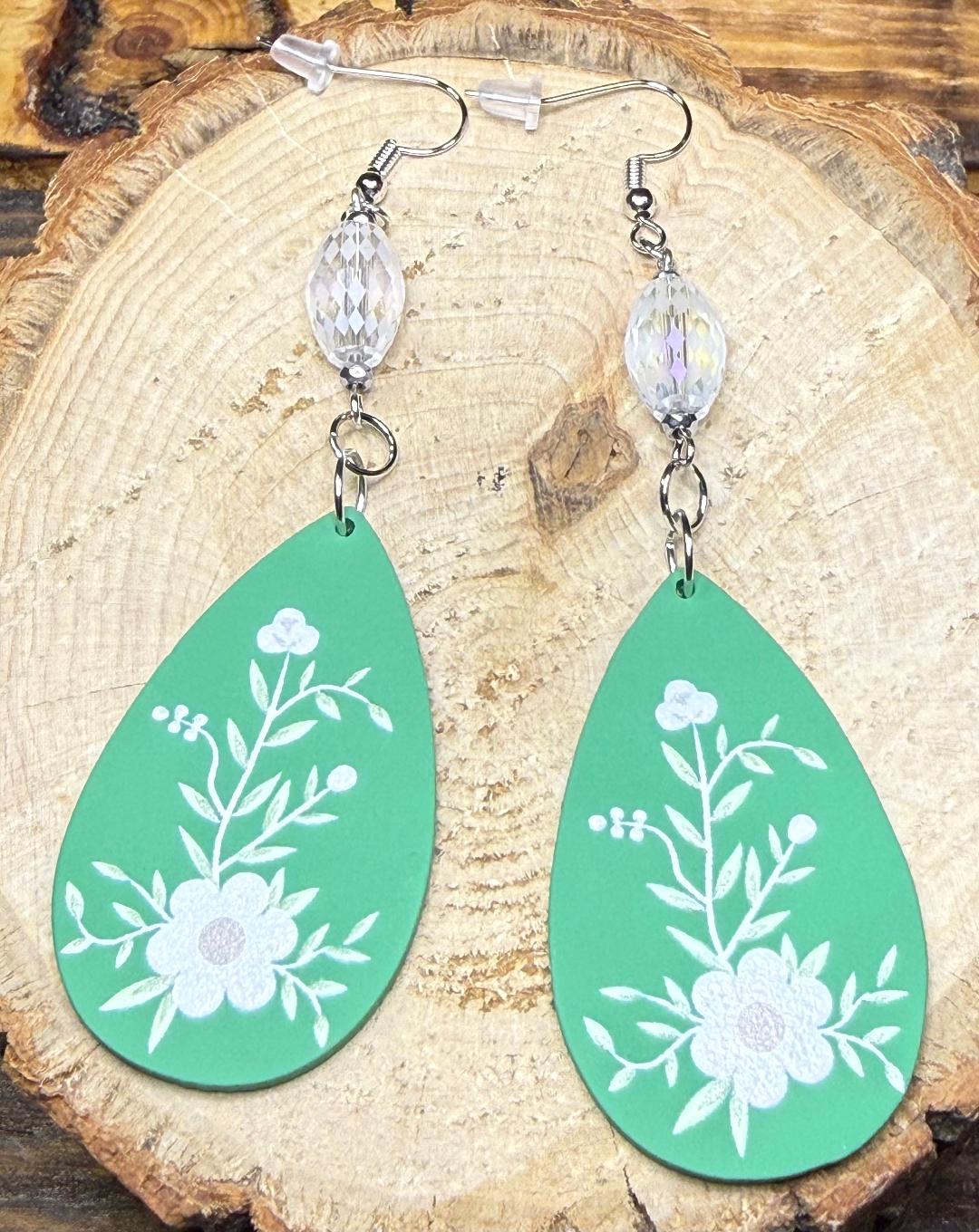 NEW Pastel Green Teardrop Floral Charm Earrings w/ Oval Glass Beads