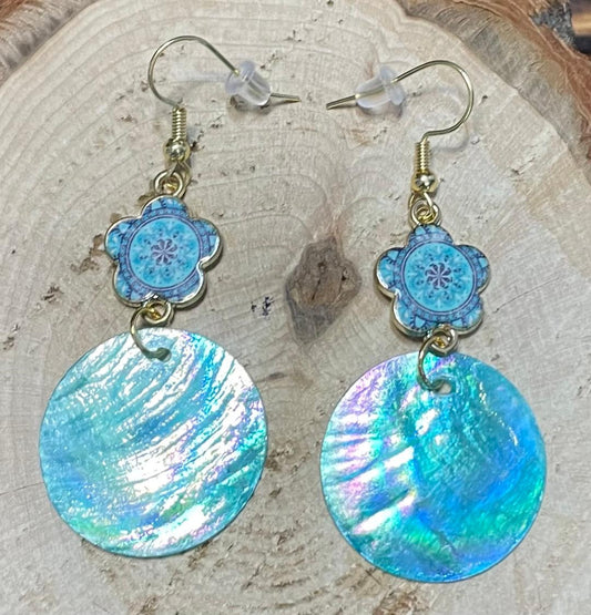 NEW Iridescent Natural Teal Blue Shell & Mandala Charm Drop Earrings