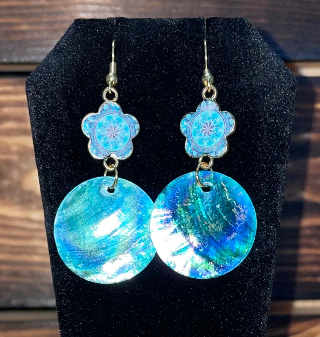 NEW Iridescent Natural Teal Blue Shell & Mandala Charm Drop Earrings