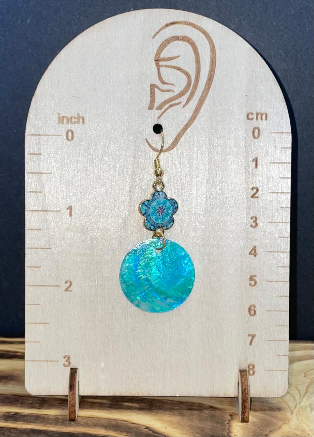 NEW Iridescent Natural Teal Blue Shell & Mandala Charm Drop Earrings