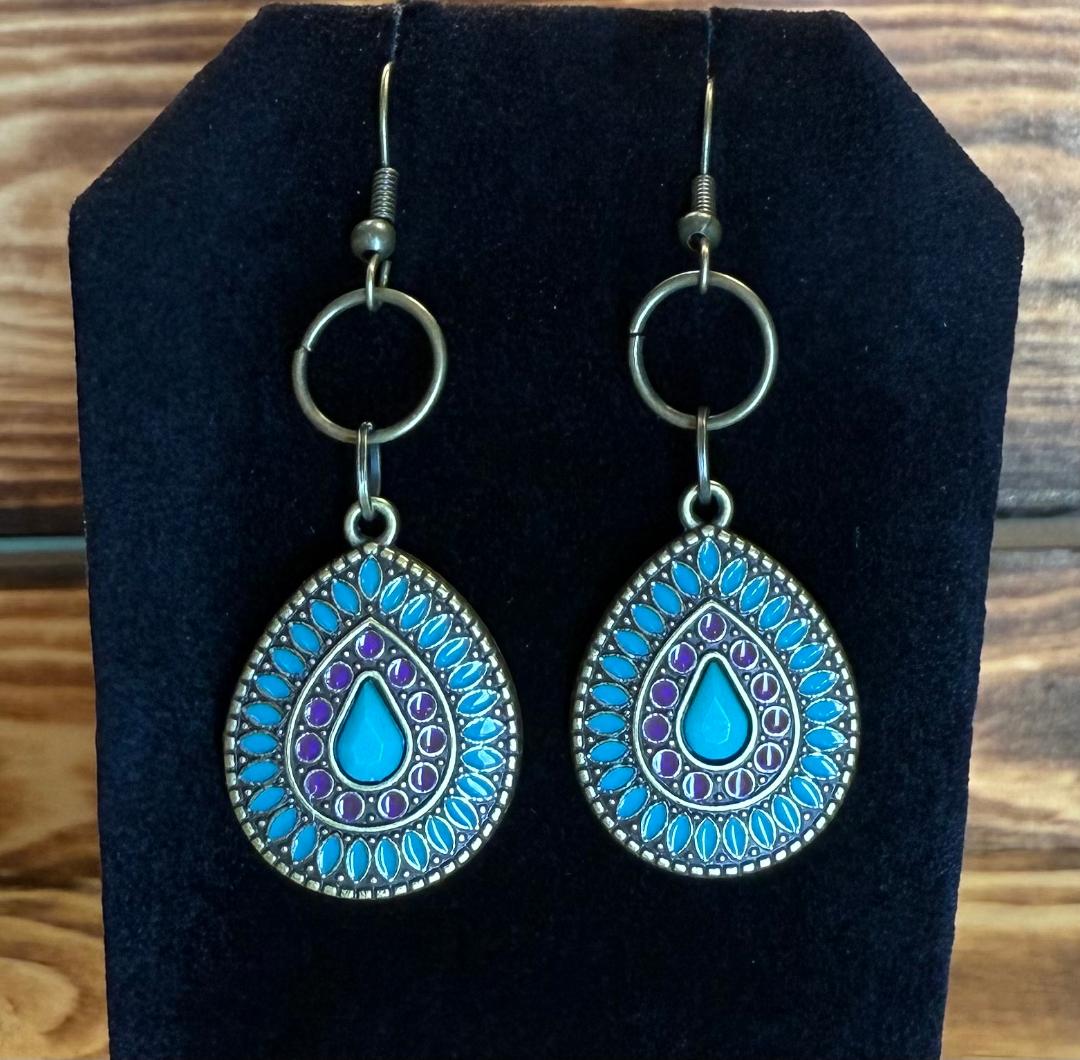 NEW Teal & Purple Enamel Bronze Teardrop Earrings