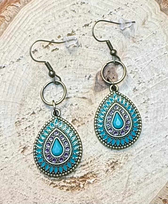 NEW Teal & Purple Enamel Bronze Teardrop Earrings