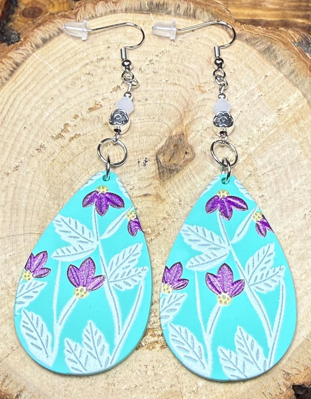 NEW Large Bright Teal & Purple Flower Teardrop Earrings w/ Glass Beads