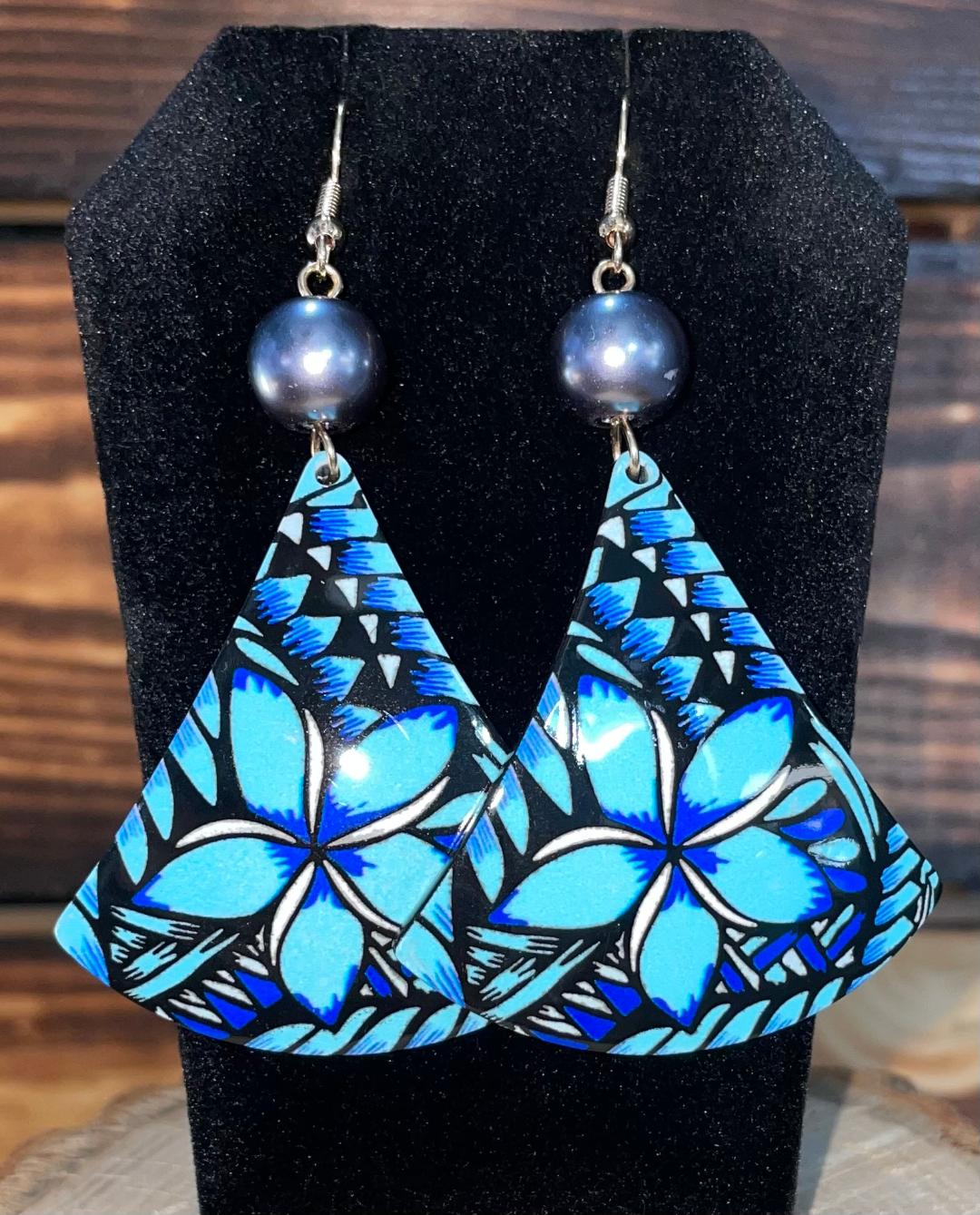 NEW Triangle Vibrant Tropical Teal Blue Flower Acrylic Earrings