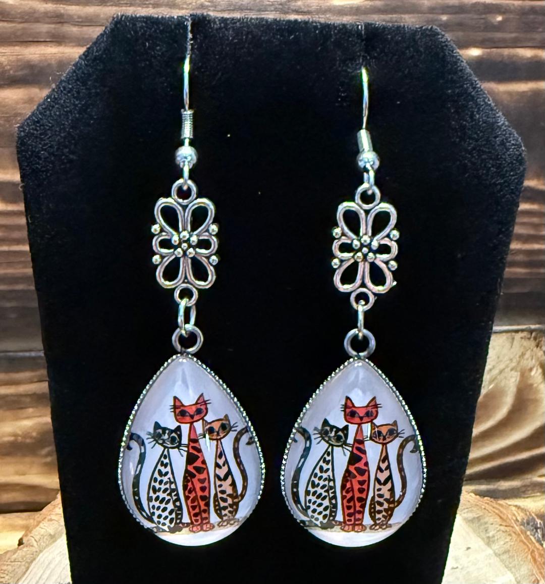NEW Glass Dome Teardrop Retro Atomic Cat Cartoon Earrings