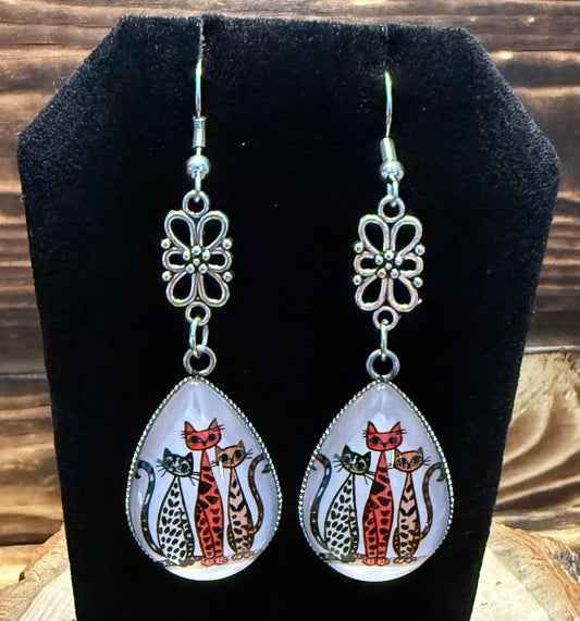 NEW Glass Dome Teardrop Retro Atomic Cat Cartoon Earrings