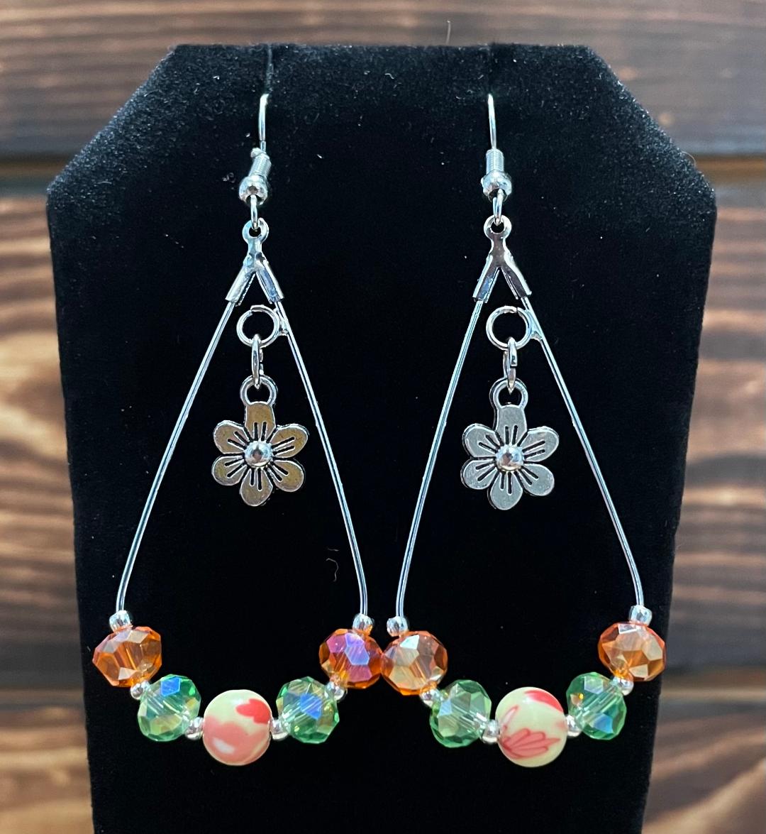 NEW Hippie Boho Silver Tone Teardrop Hoop Beaded Flower Earrings