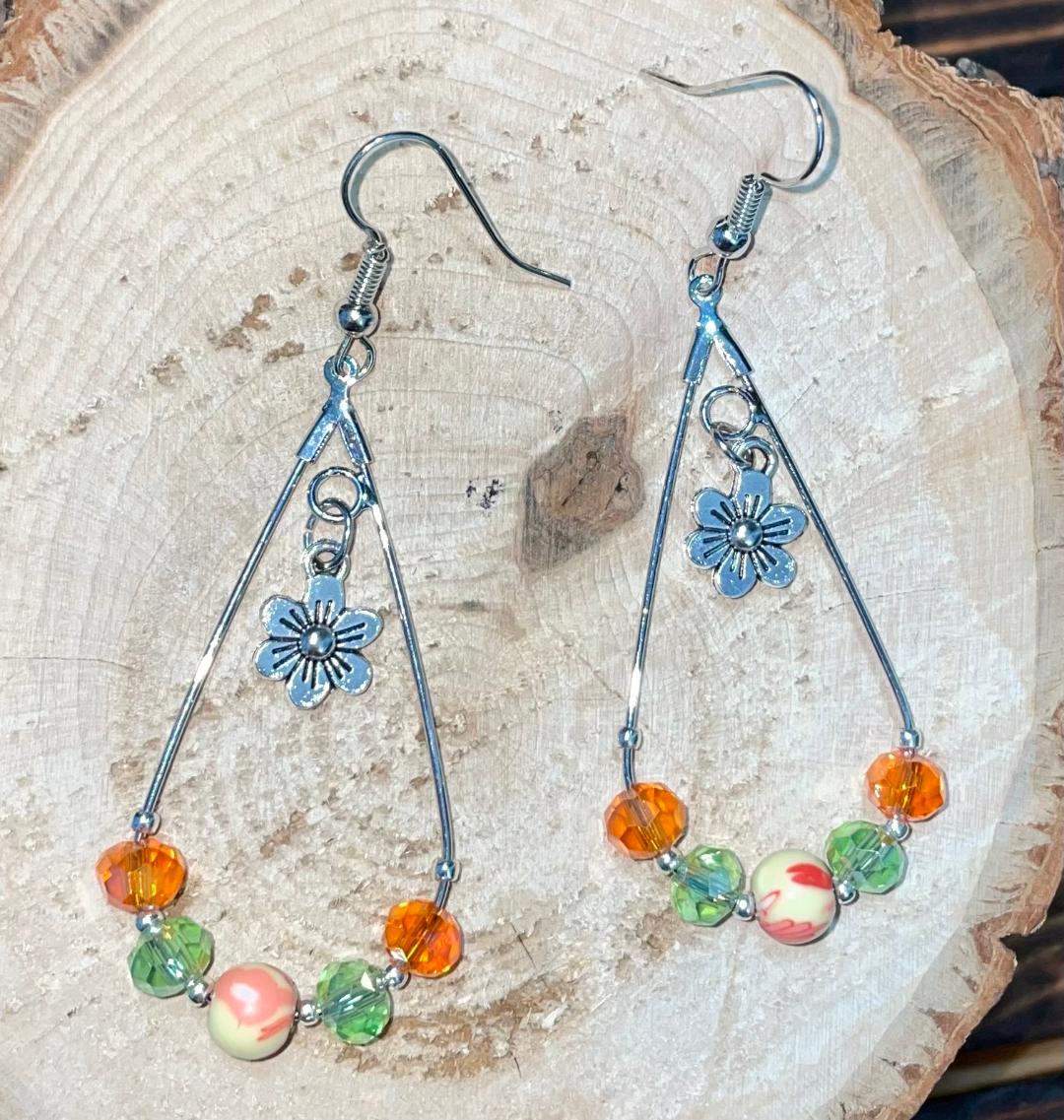 NEW Hippie Boho Silver Tone Teardrop Hoop Beaded Flower Earrings