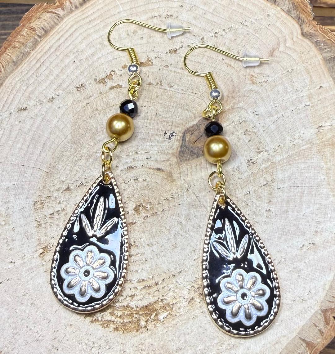 NEW Bohemian Floral Teardrop Earrings w/ Dyed Glass Gold Beads