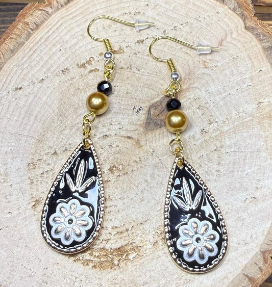 NEW Bohemian Floral Teardrop Earrings w/ Dyed Glass Gold Beads
