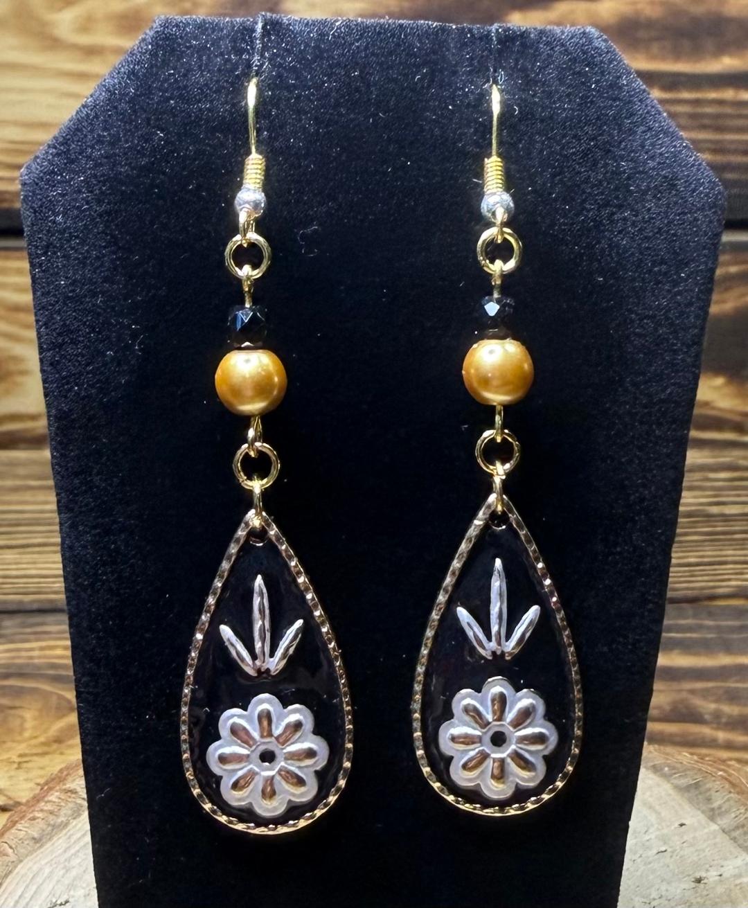 NEW Bohemian Floral Teardrop Earrings w/ Dyed Glass Gold Beads