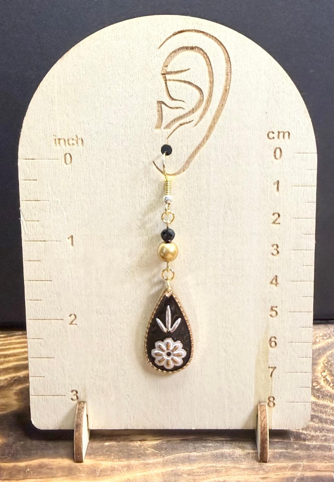 NEW Bohemian Floral Teardrop Earrings w/ Dyed Glass Gold Beads