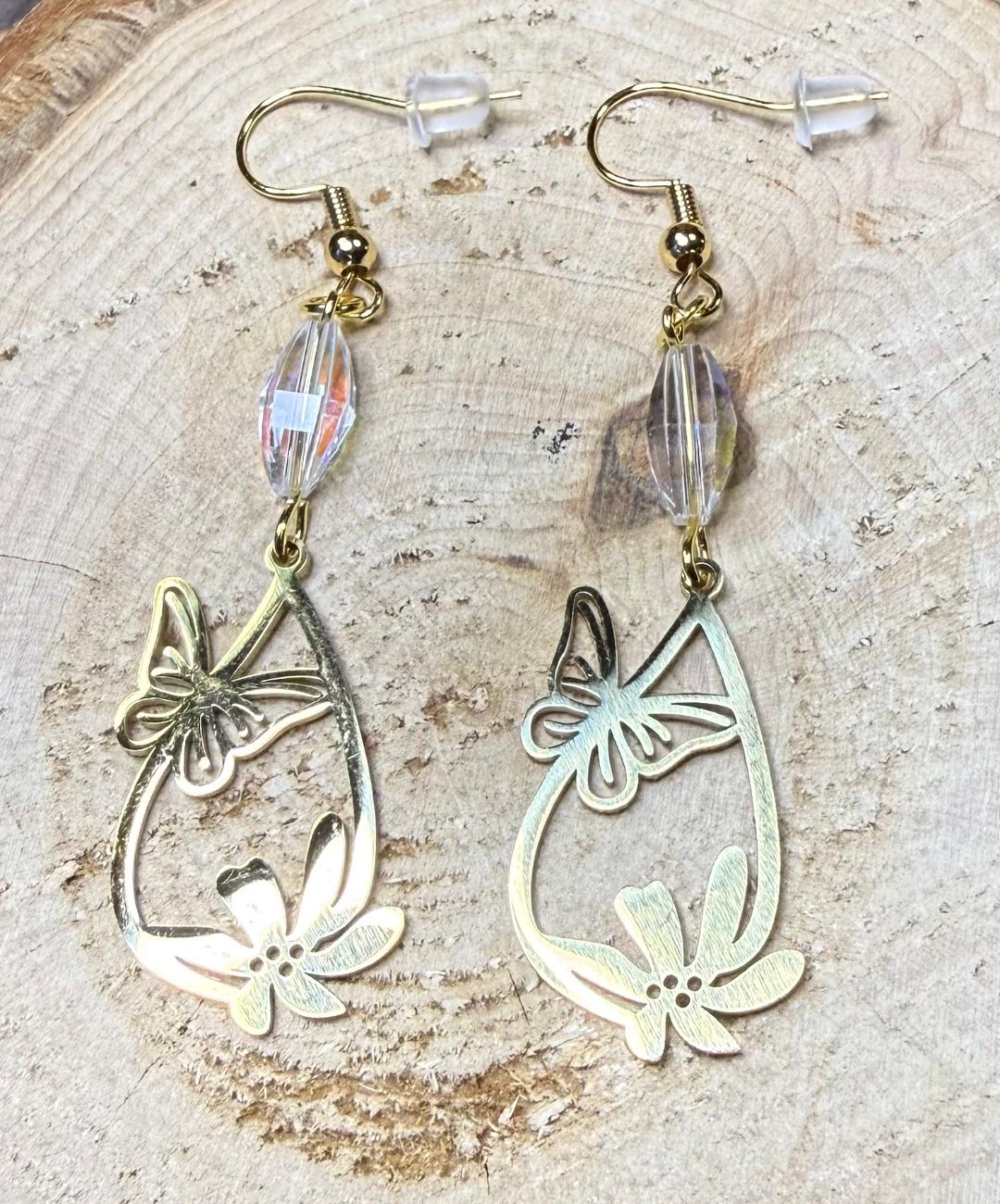 NEW Teardrop Stainless Steel Butterfly & Flower Charm w/ Clear Glass Beads
