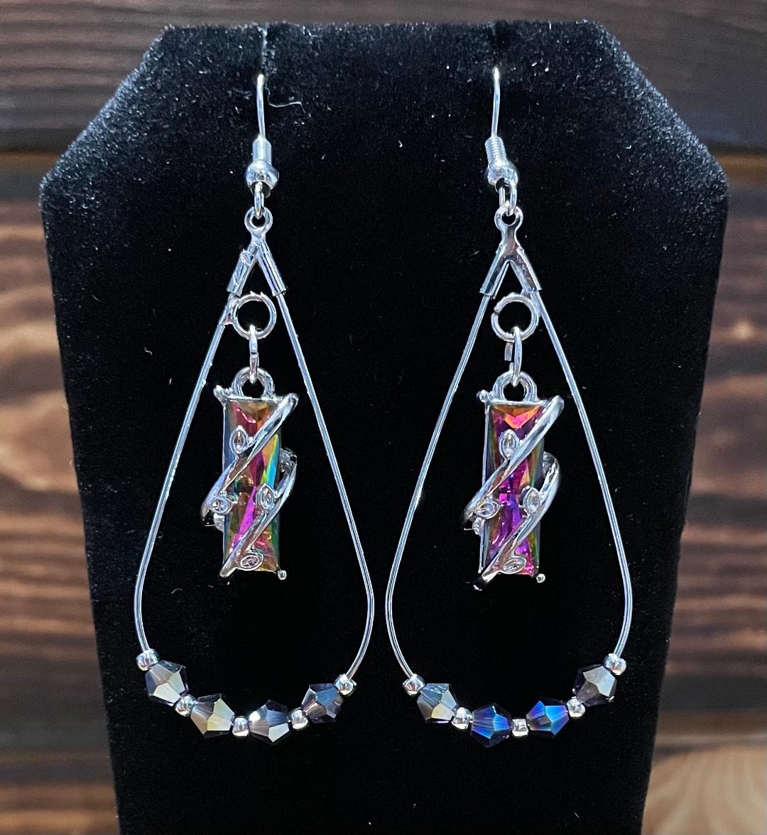 NEW Teardrop Hoop w/ Beads & Rectangle Crystal Center Earrings