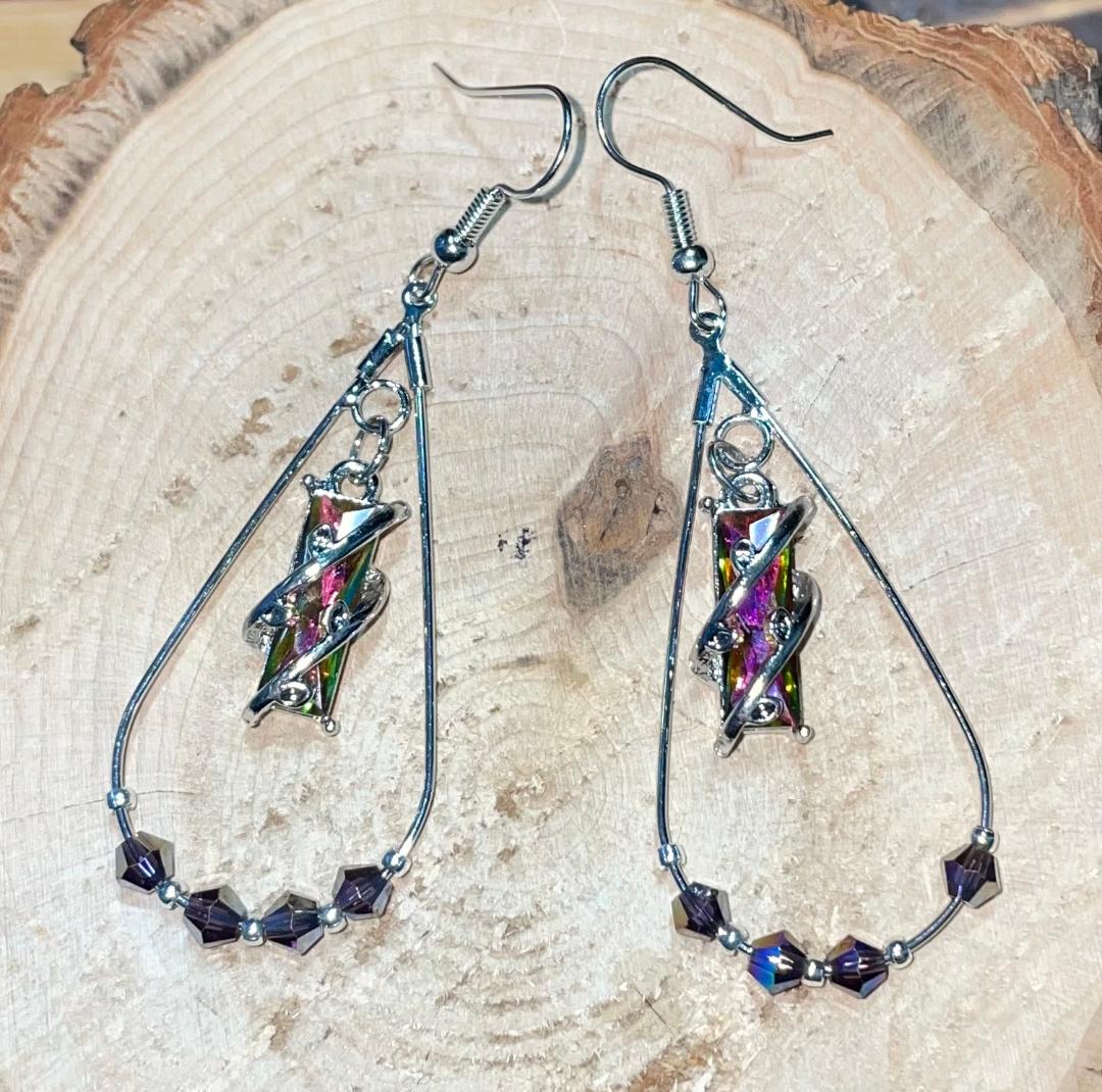 NEW Teardrop Hoop w/ Beads & Rectangle Crystal Center Earrings