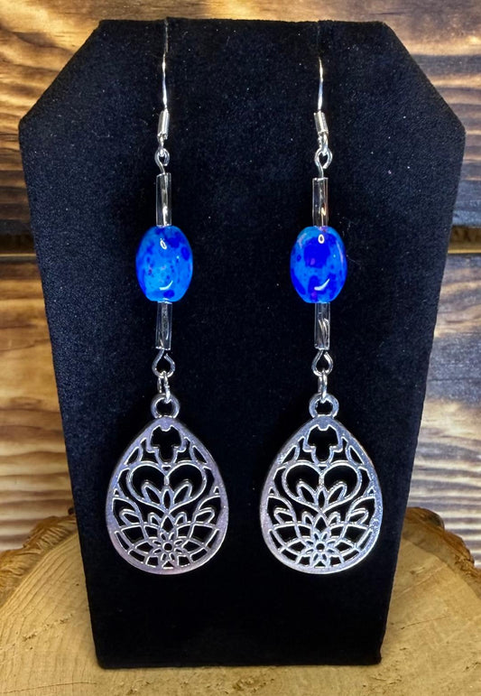 NEW Blue Glass Marble Bead Earrings w/ Teardrop Lotus Charm