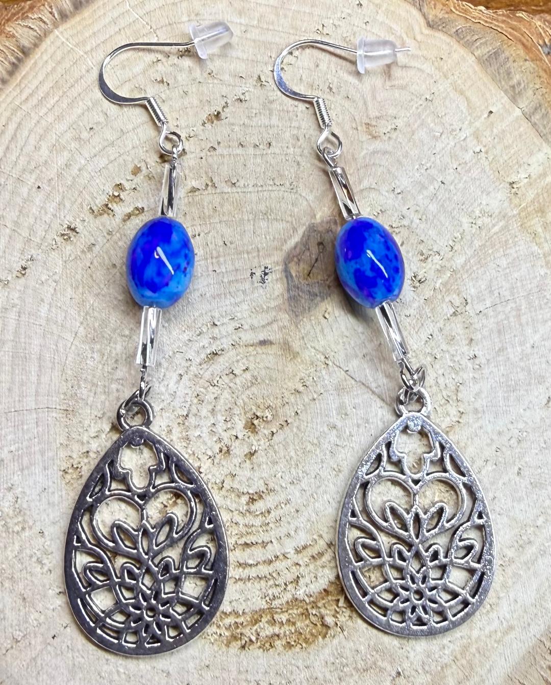 NEW Blue Glass Marble Bead Earrings w/ Teardrop Lotus Charm