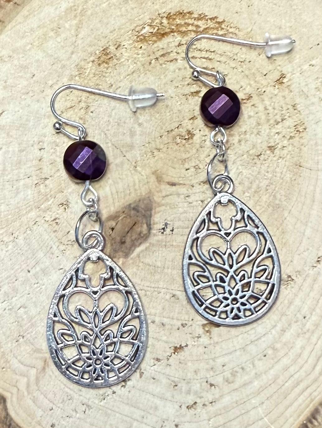 NEW Silver Tone Teardrop Lotus Charm & Glass Faceted Plum Bead Earrings