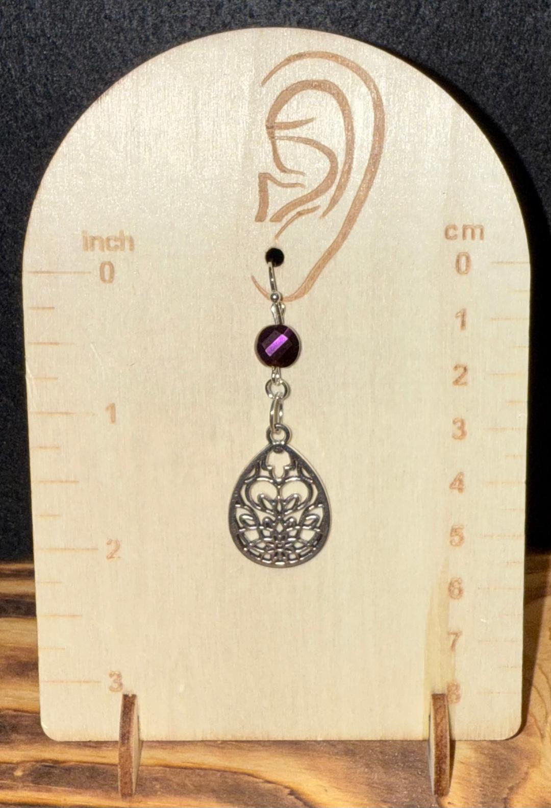 NEW Silver Tone Teardrop Lotus Charm & Glass Faceted Plum Bead Earrings