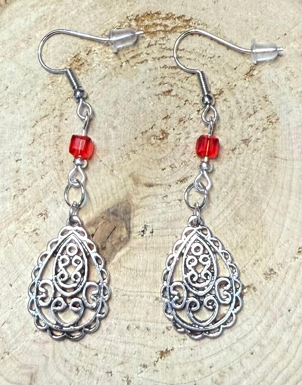 NEW Silver Teardrop Lotus Charm & Red Glass Bead Earrings