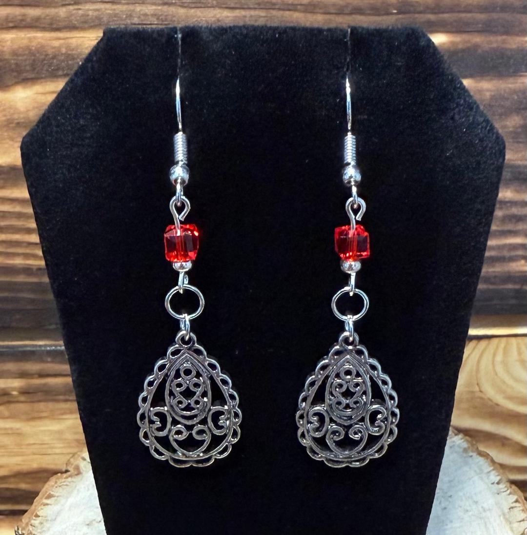 NEW Silver Teardrop Lotus Charm & Red Glass Bead Earrings