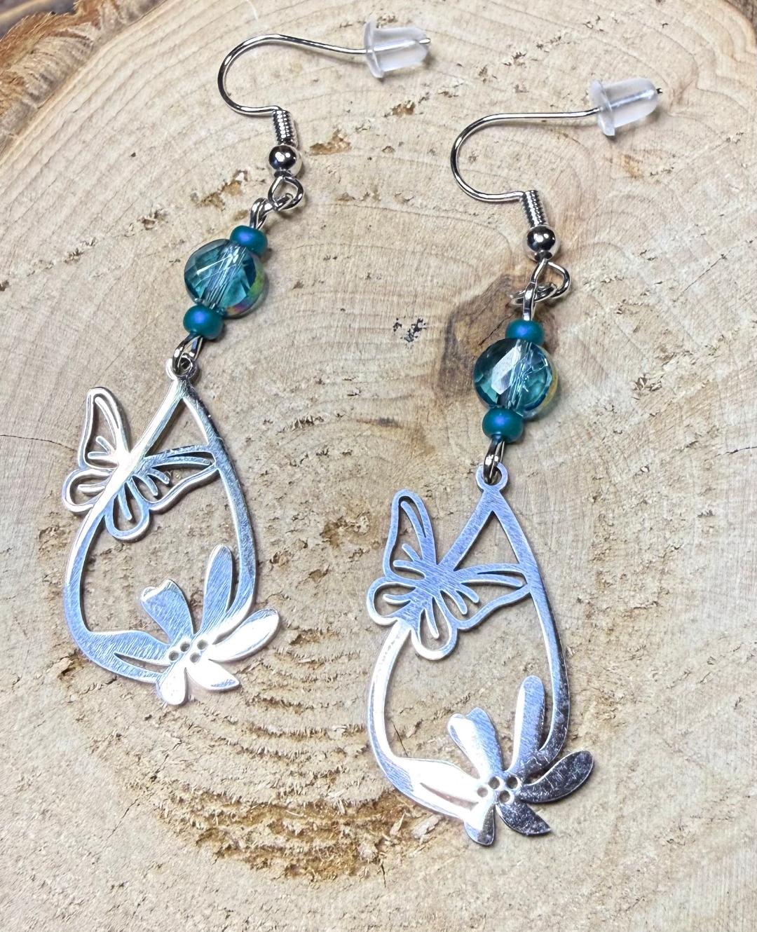 NEW Teardrop Stainless Steel Butterfly & Flower Charm w/ Glass Beads