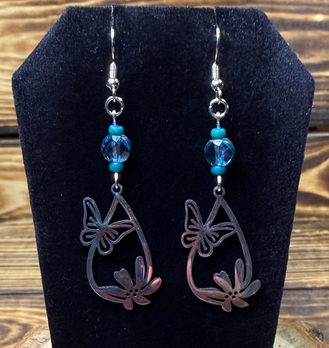 NEW Teardrop Stainless Steel Butterfly & Flower Charm w/ Glass Beads