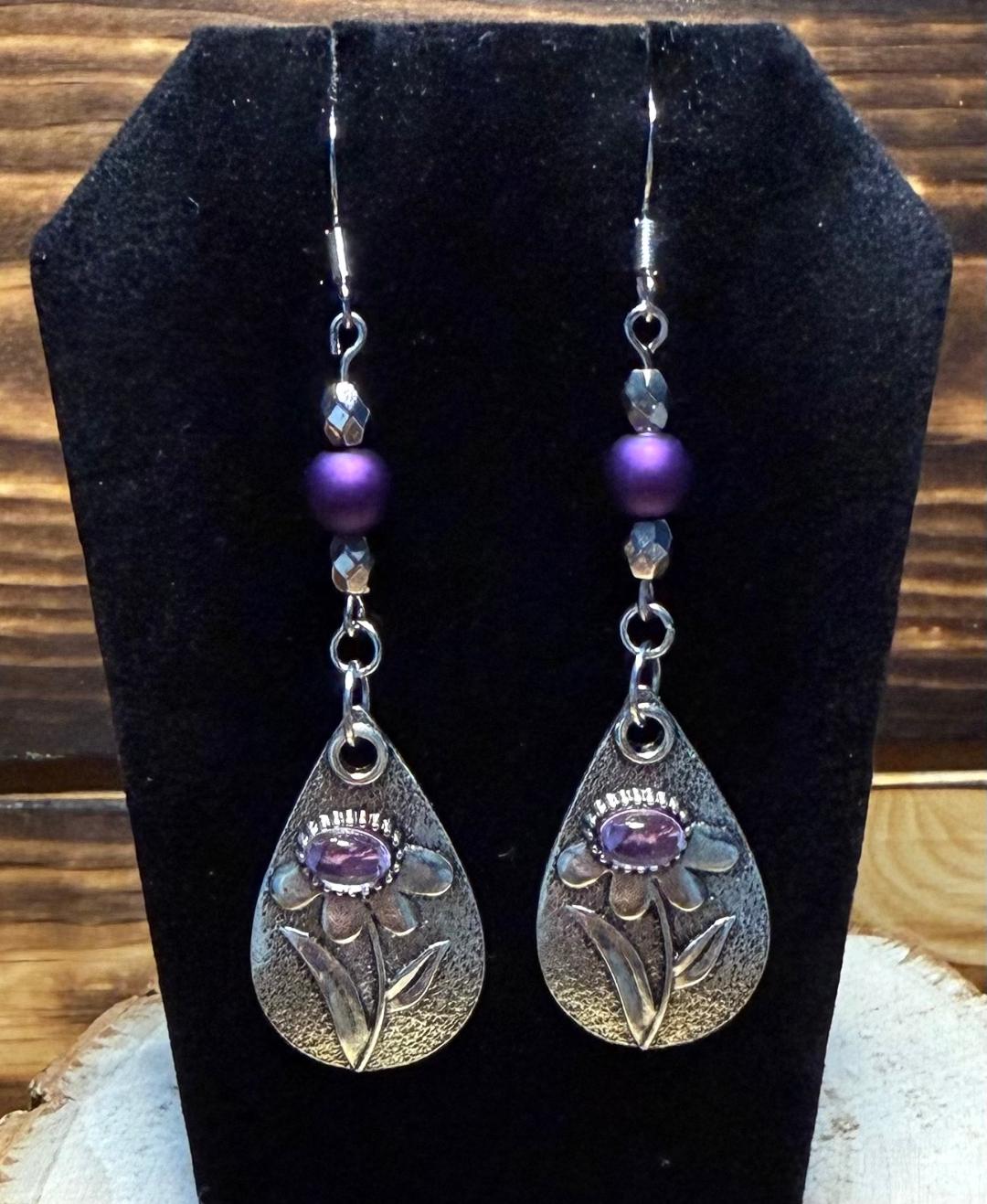 NEW Silver Tone Flower Etched Teardrop Earrings w/ Purple Satin Bead