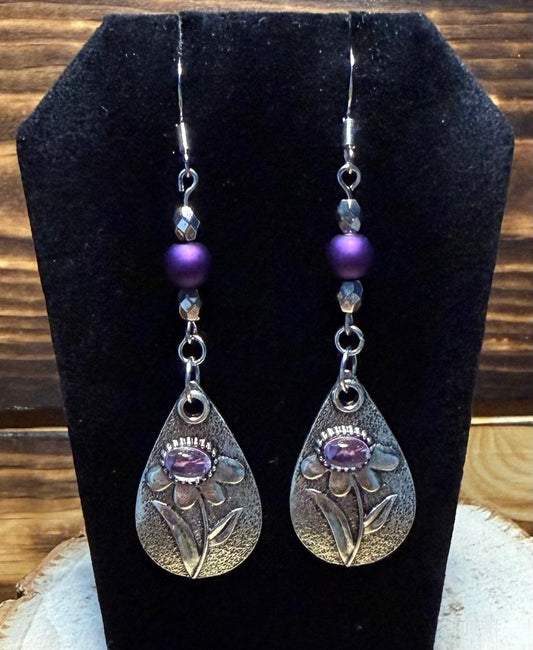 NEW Silver Tone Flower Etched Teardrop Earrings w/ Purple Satin Bead