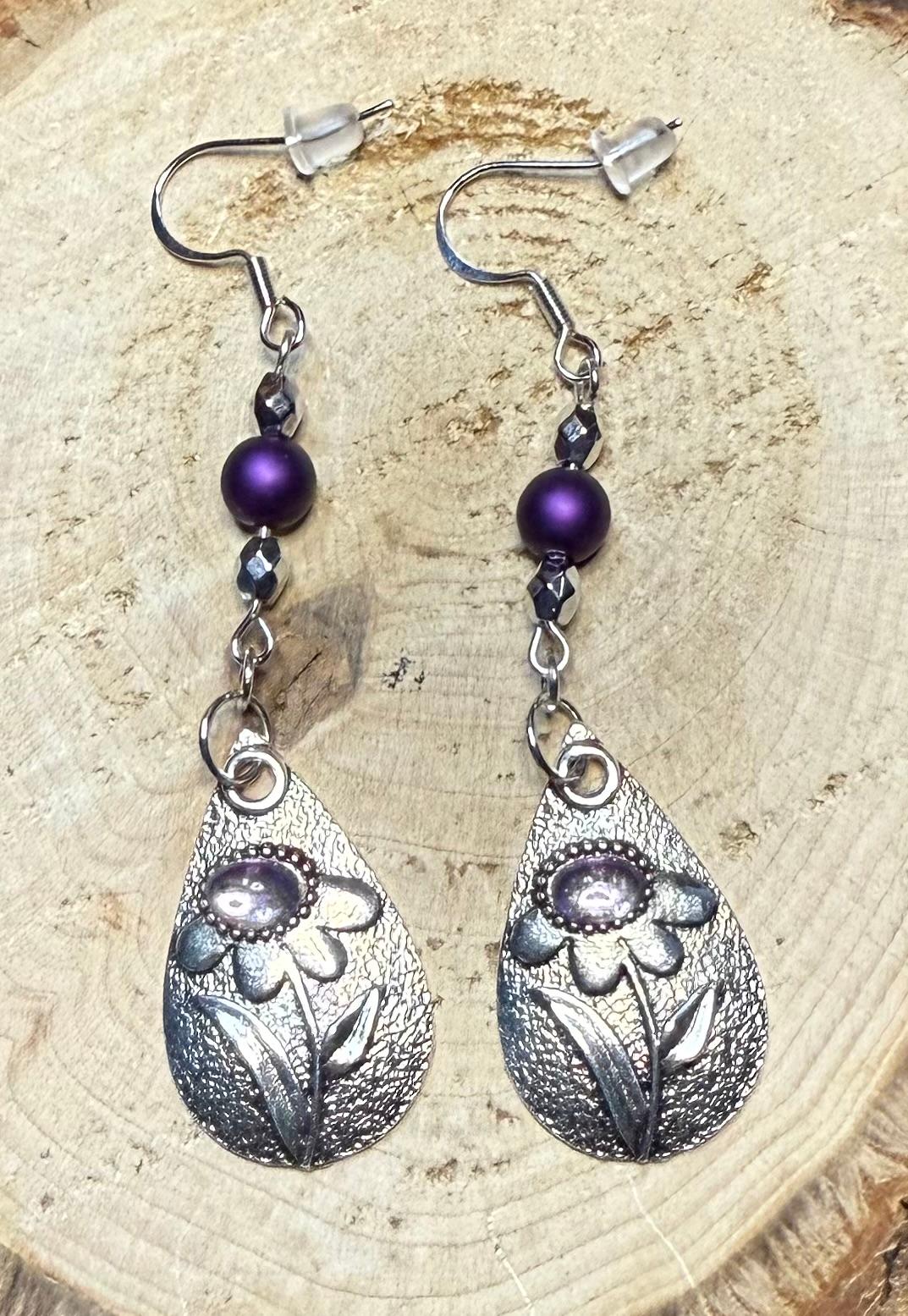 NEW Silver Tone Flower Etched Teardrop Earrings w/ Purple Satin Bead