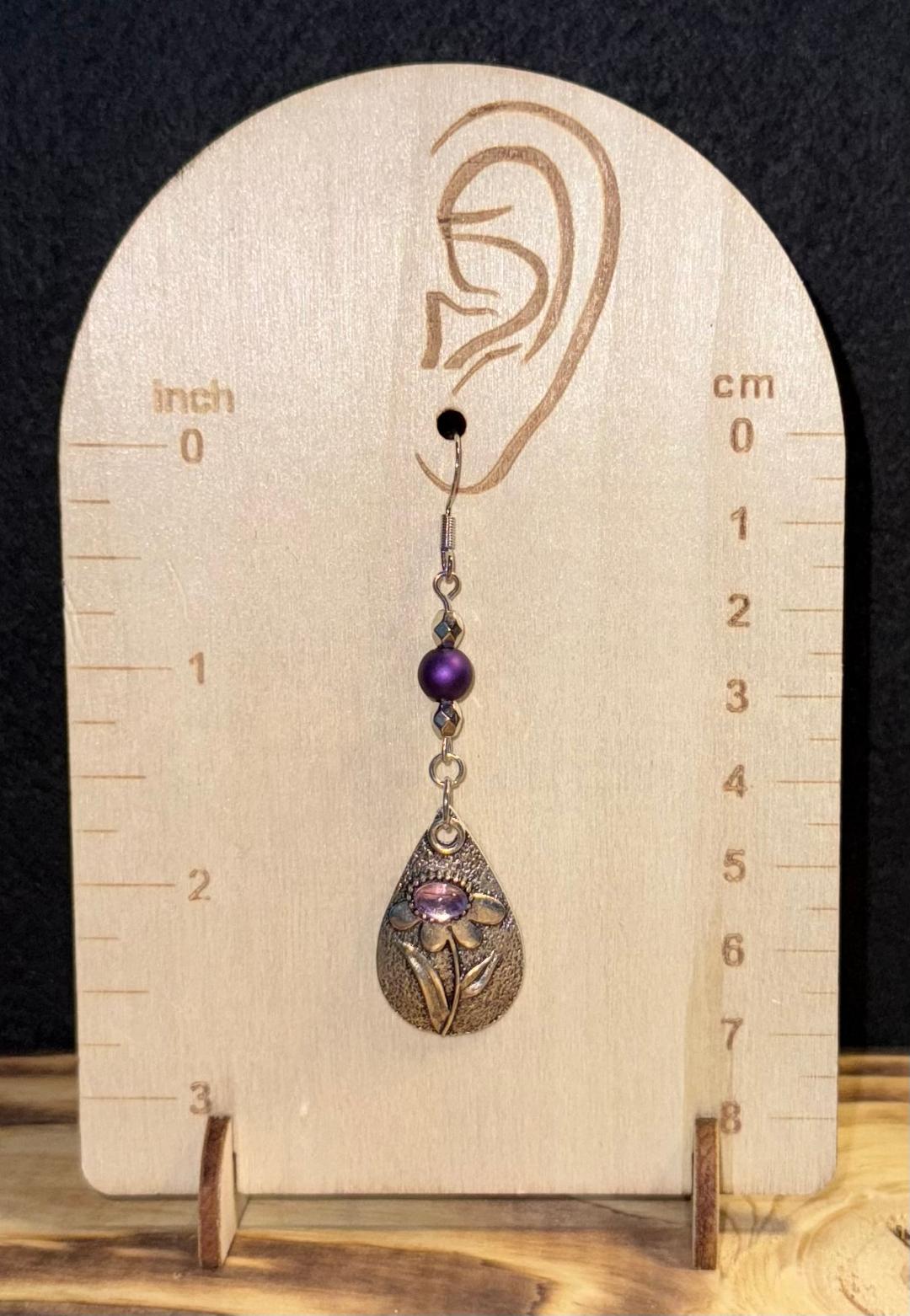 NEW Silver Tone Flower Etched Teardrop Earrings w/ Purple Satin Bead