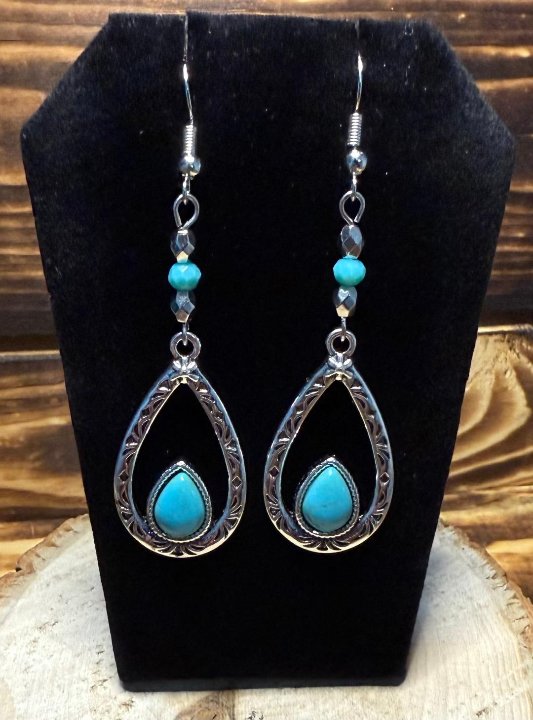 NEW Silver Tone Etched Teardrop Earrings w/ Turquoise Beads