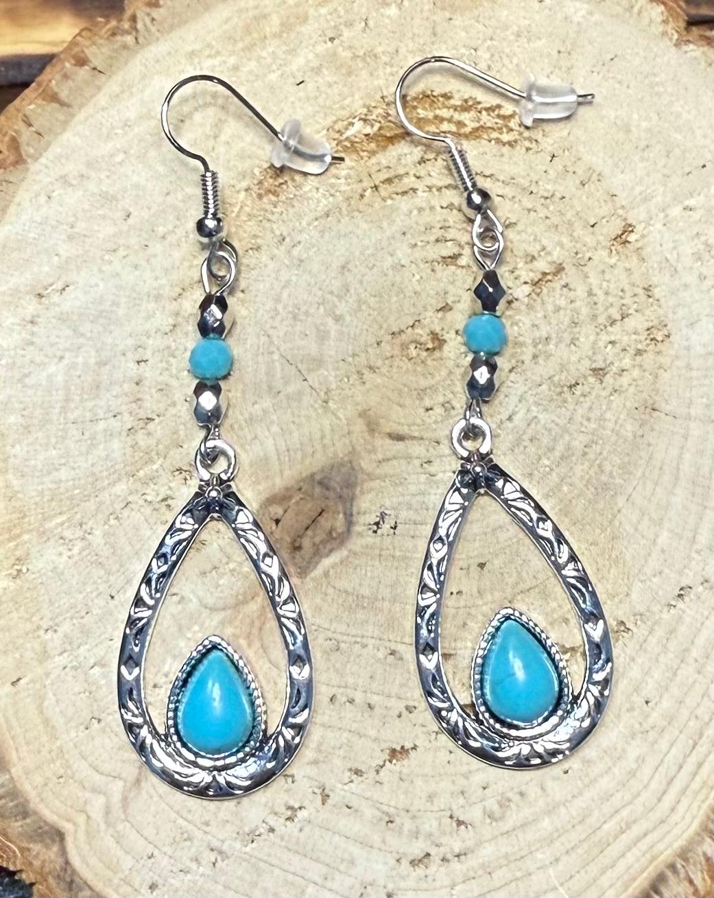 NEW Silver Tone Etched Teardrop Earrings w/ Turquoise Beads