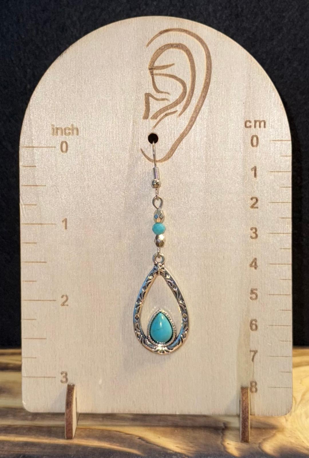 NEW Silver Tone Etched Teardrop Earrings w/ Turquoise Beads