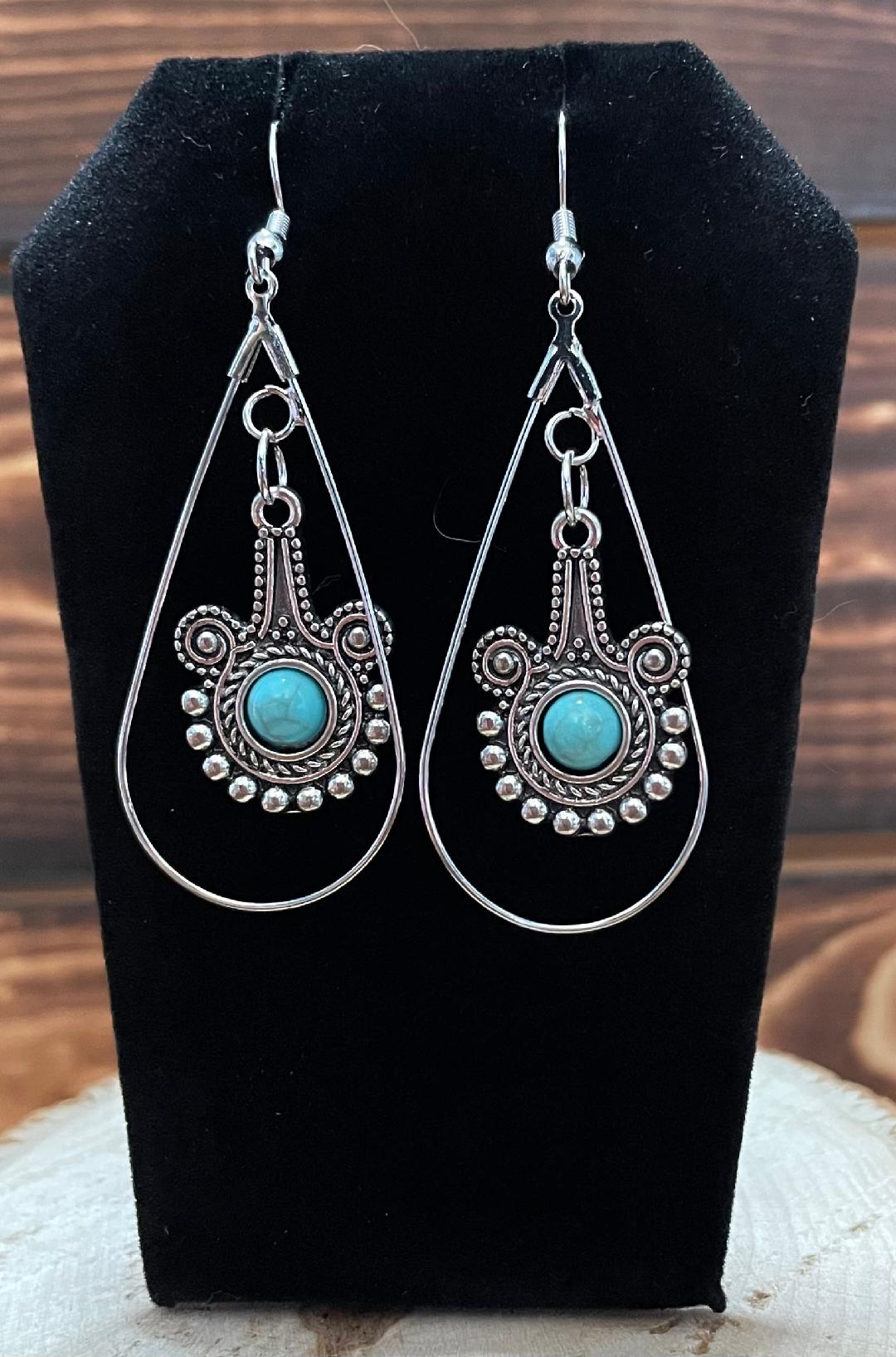 NEW Ornate Egyptian Style Turquoise Charm Teardrop Hoop Earrings
