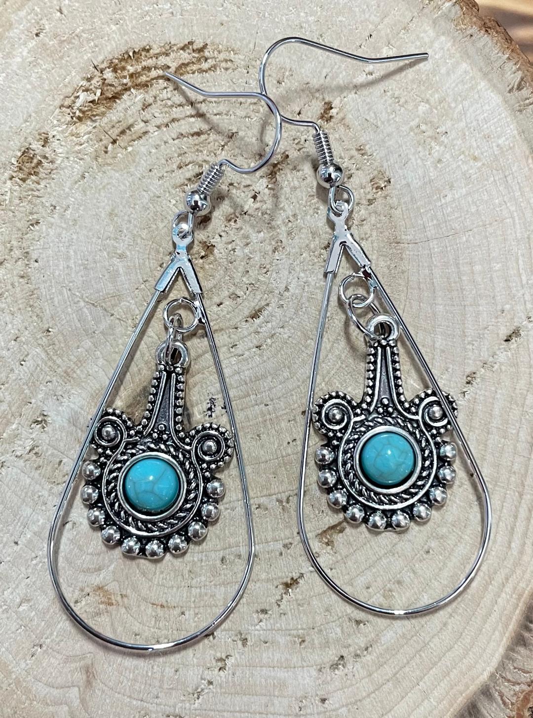 NEW Ornate Egyptian Style Turquoise Charm Teardrop Hoop Earrings