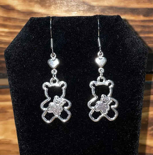 NEW Silver Tone Teddy Bear & Heart Drop Dangle Earrings