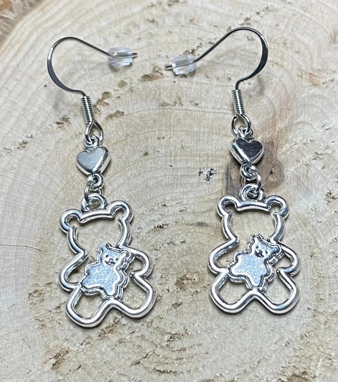 NEW Silver Tone Teddy Bear & Heart Drop Dangle Earrings