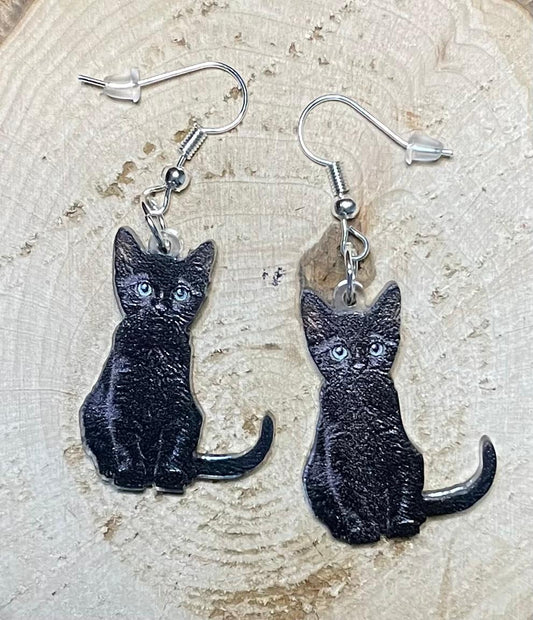 NEW Acrylic Textured Black Cat Earrings w/ Blue Eyes