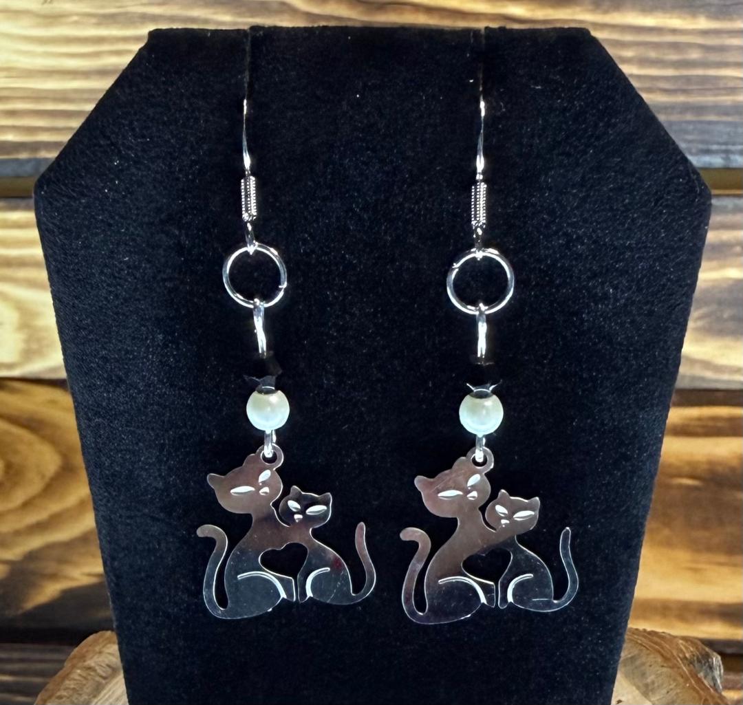 NEW Thin Stainless Steel Cat & Ktten Earrings w/ Beads