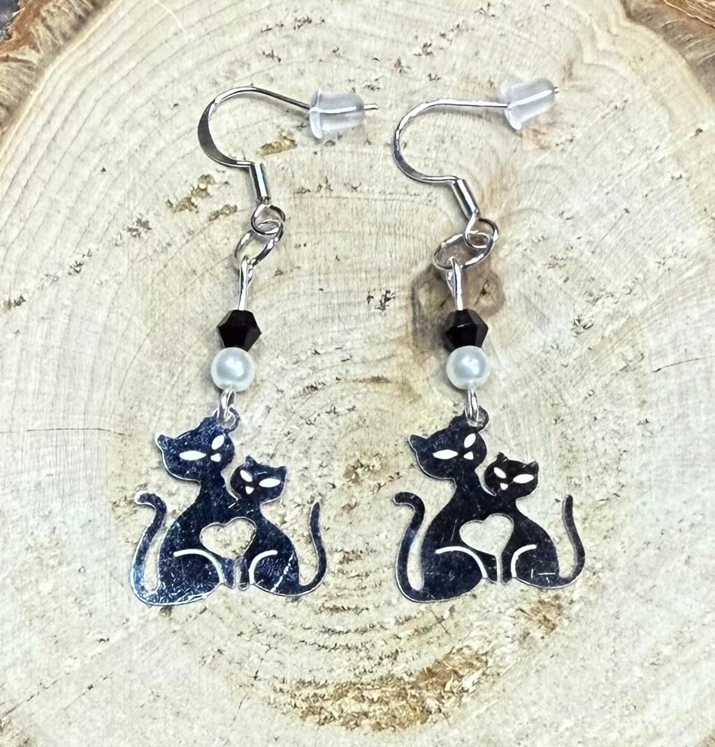 NEW Thin Stainless Steel Cat & Ktten Earrings w/ Beads