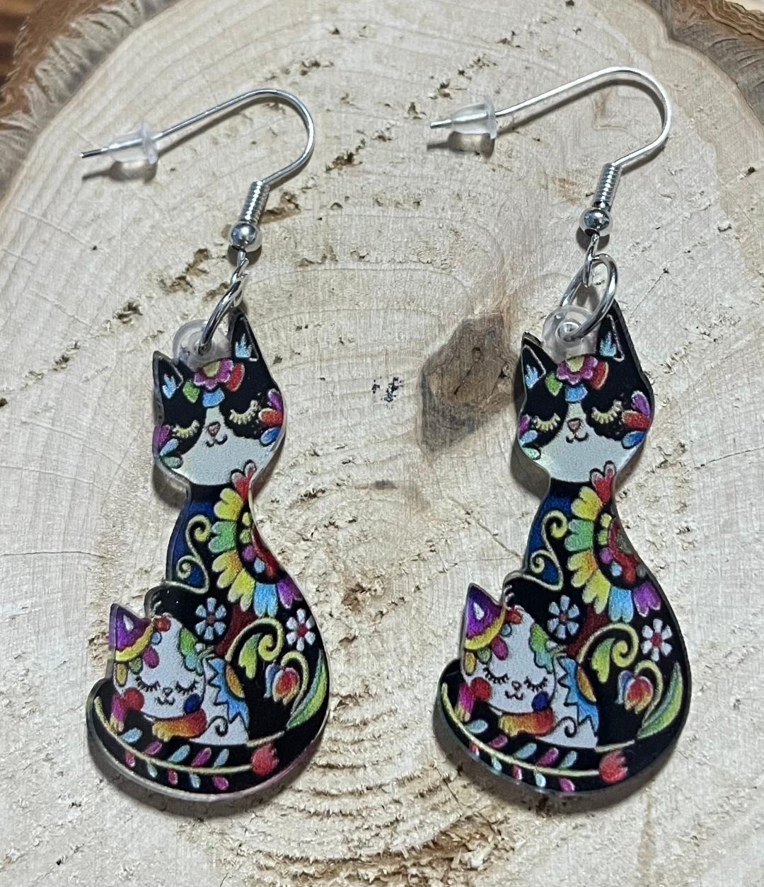 NEW Mexican Style Boho Mom Cat & Kitten Acrylic Earrings