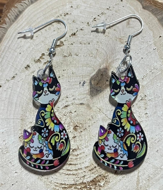 NEW Mexican Style Boho Mom Cat & Kitten Acrylic Earrings