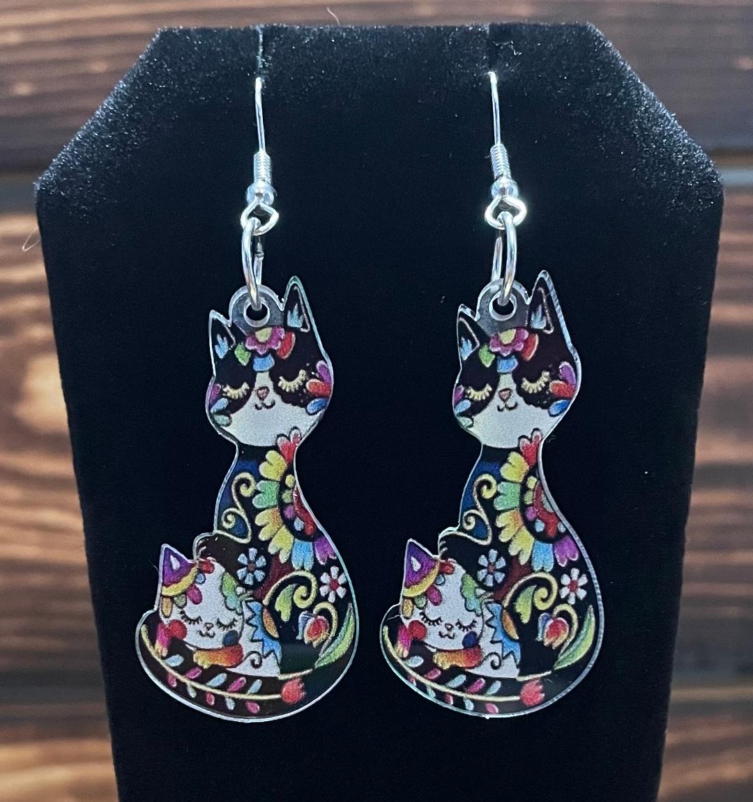 NEW Mexican Style Boho Mom Cat & Kitten Acrylic Earrings