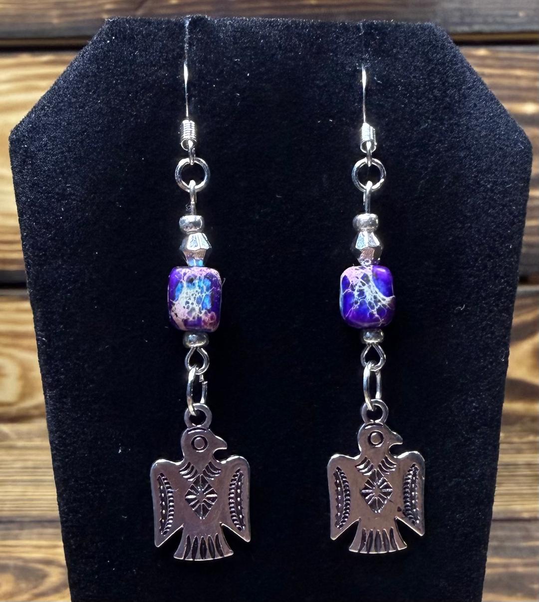 NEW Silver Thunderbird Charm Earrings w/ Crackle Finish Jasper Bead