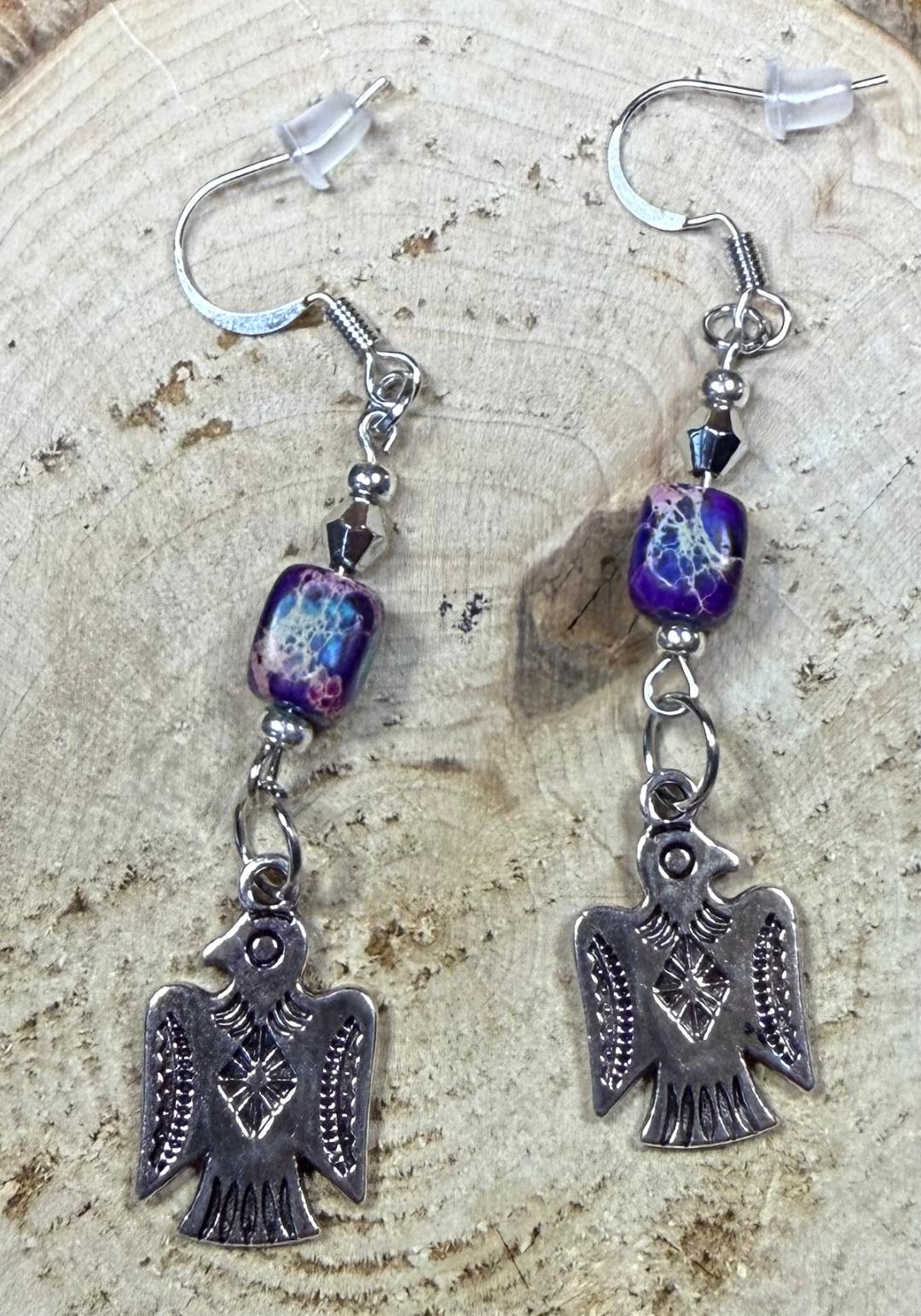 NEW Silver Thunderbird Charm Earrings w/ Crackle Finish Jasper Bead