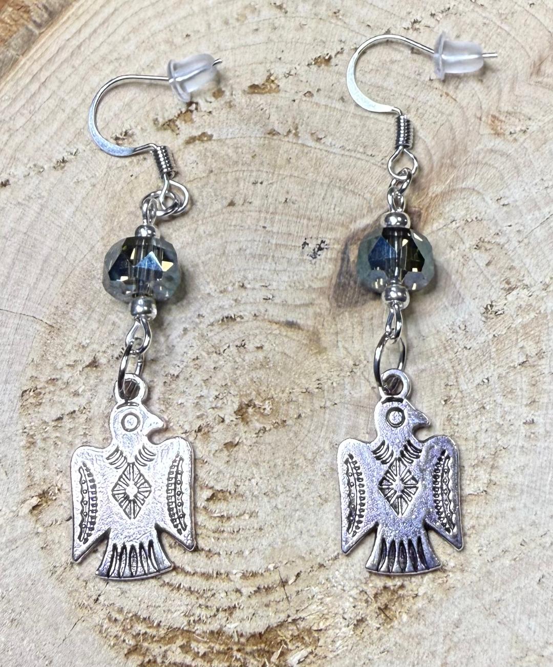 NEW Double Sided Thunderbird Charm Earrings w/ Gray Glass Faceted Beads