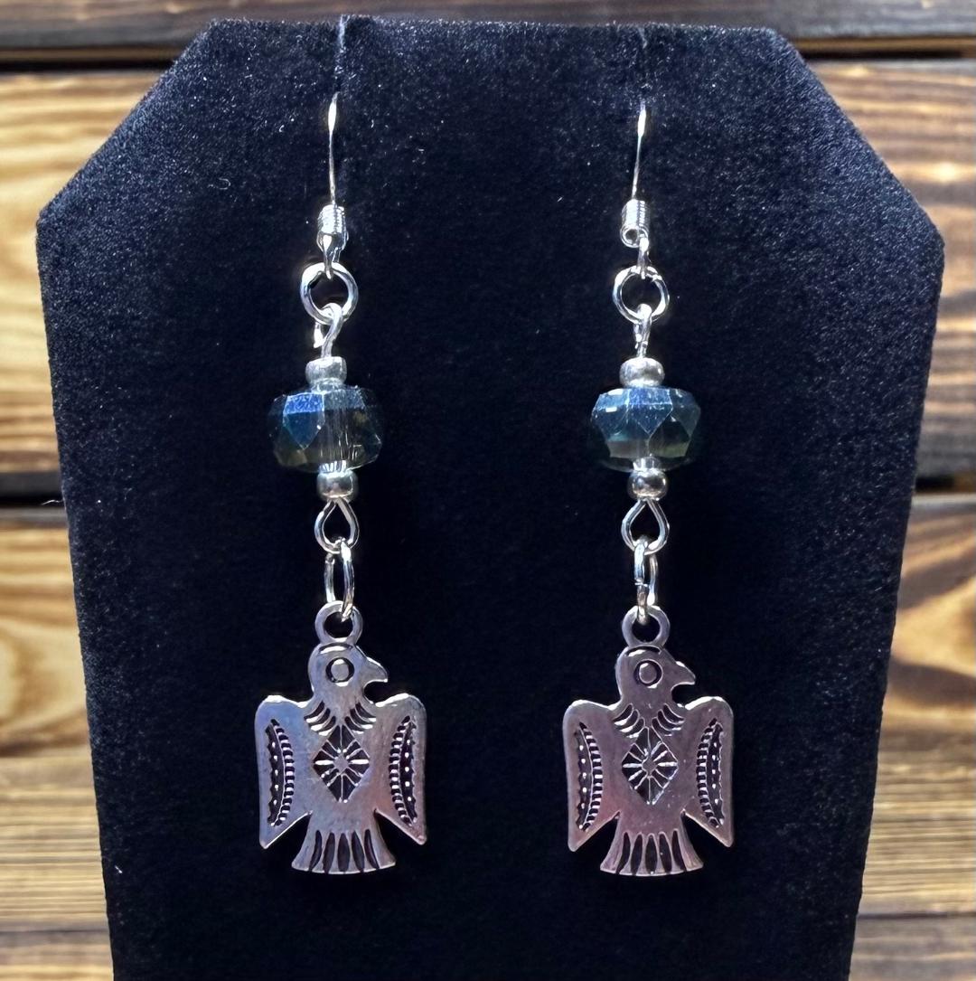 NEW Double Sided Thunderbird Charm Earrings w/ Gray Glass Faceted Beads
